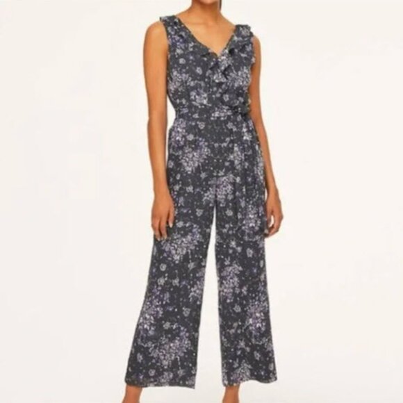 NWT LOFT Grey Chiffon Floral Print Cropped Jumpsuit Sleeveless - Picture 2 of 6